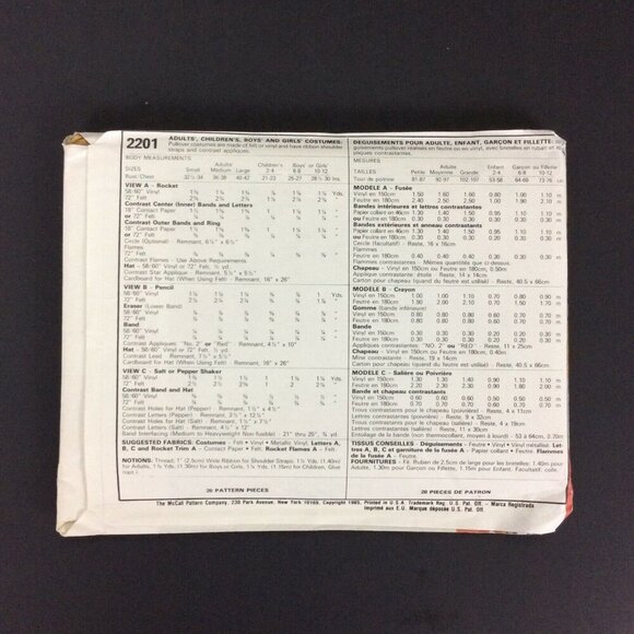 McCalls Crafts 2201 Crayon Salt Pepper Rocket Costume Pattern Uncut Adult Small - Picture 2 of 3